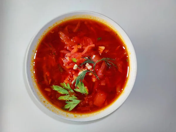 Borscht Suppe Eines Der Berühmtesten Gerichte Der Ukrainischen Küche Nahaufnahme — Stockfoto