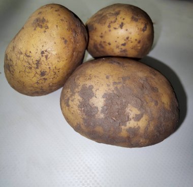 Beyaz arka planda yıkanmamış patatesler. Borş çorbası yapmak için gerekli malzemeler. Yakın plan.