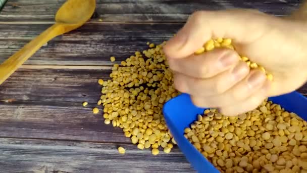 Split Peas Man His Hand Collects Halves Peas Wooden Table — Video Stock
