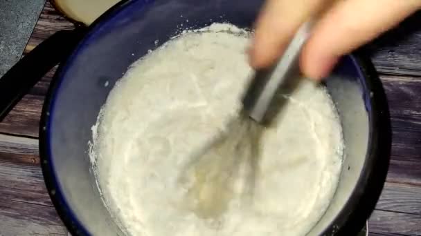 Preparation Dough Pancakes Stirring Whisk Beating Eggs Milk Wheat Flour — Vídeos de Stock