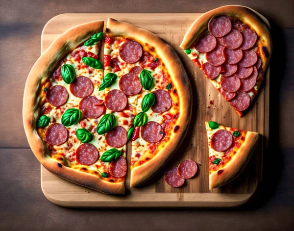 Pizza with salami on a wooden board. Garnished with basil, oregano and olive oil. Top view