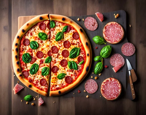 Pizza with salami on a wooden board. Garnished with basil, oregano and olive oil. Top view