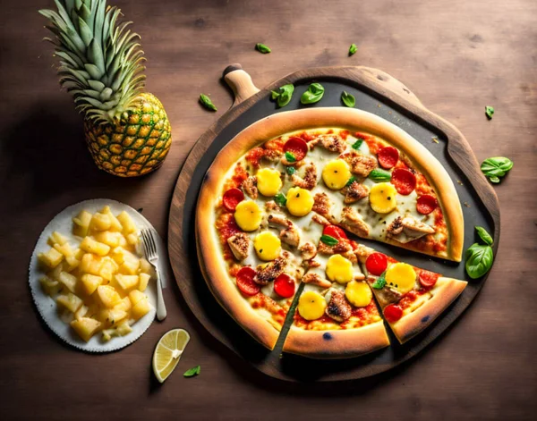 Pizza with chicken and pineapple on a wooden board. Garnished with basil, oregano and olive oil. Italian traditions. Top view