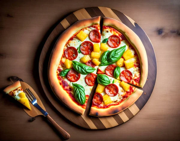 Pizza with chicken and pineapple on a wooden board. Garnished with basil, oregano and olive oil. Italian traditions. Top view