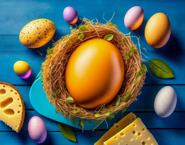 Banner.  Easter holiday.  Easter eggs and cheese paska in a nest on a blue wooden background.  View from above