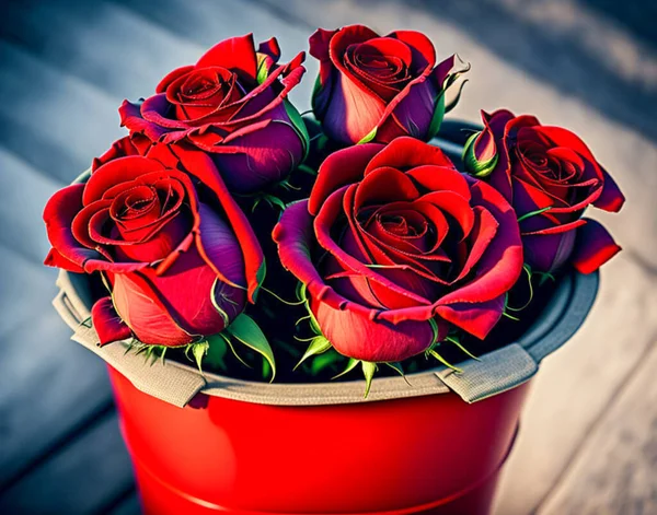 Red roses in a red bucket. Spring time. Woman mood