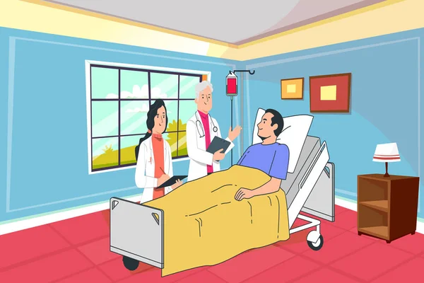 Doctor Asking Patient His Health Hospital Ward Flat Vector Illustration — Stock Vector