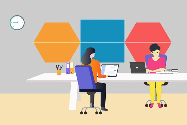 Eine Gruppe Frauen Arbeitet Modernen Büro Laptop Flache Vektorabbildung — Stockvektor