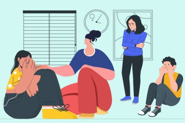 Hüzünlü ifadeleri olan bir grup insan. Düz vektör illüstrasyonu.