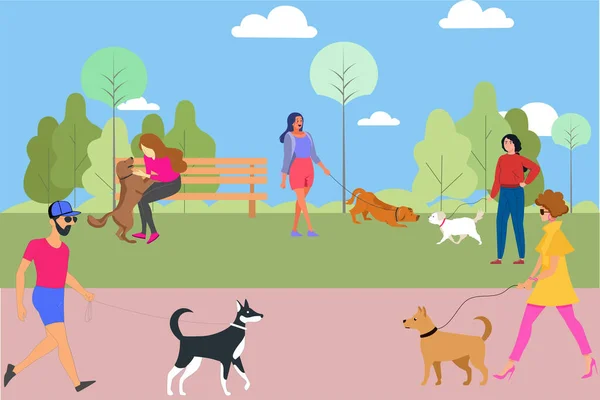 Oamenii Merg Câinii Grădină Ilustrație Vectorială — Vector de stoc