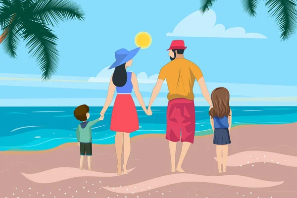 一对快乐的年轻夫妇和他们的孩子们正在海滩上共度时光 矢量说明 — 图库矢量图片