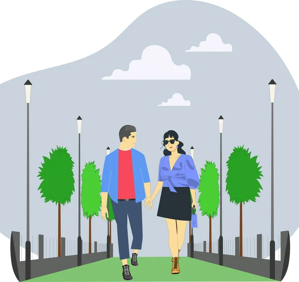 可爱的年轻夫妇手牵手在公园里散步 矢量说明 — 图库矢量图片