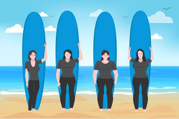 Group Beautiful Girls Standing Surfing Board Beach Surfing Class Flat — Stock Vector