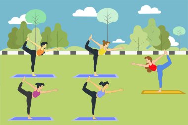 Bir grup kız parkta yoga dersine katılıyor. Vektör illüstrasyonu.
