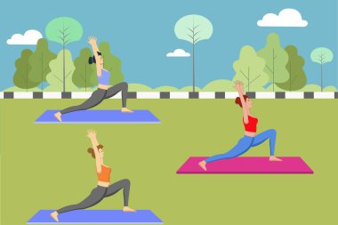 Bir grup kız parkta yoga dersine katılıyor. Vektör illüstrasyonu.