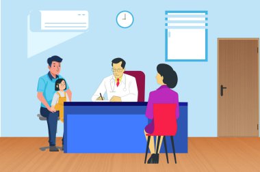 Doktor, klinikteki rutin kontroller sırasında sevimli bir bebeğe reçete yazıyor. Sağlık hizmeti vektör illüstrasyonu.