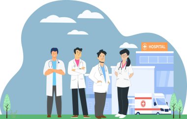 Gülümseyen sağlık ekibi hastanede yan yana duruyor. Vektör illüstrasyonu.