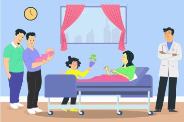 Hastanede yeni doğmuş bebeği olan mutlu bir aile. Vektör illüstrasyonu.