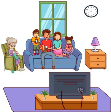 İki çocuklu bir aile ve bir büyükanne rahat bir kanepede oturuyor ve birlikte oturma odalarında kaliteli vakit geçiriyorlar. Aile dikkatleri önlerindeki TV ekranına odaklandı. Vektör illüstrasyonu.