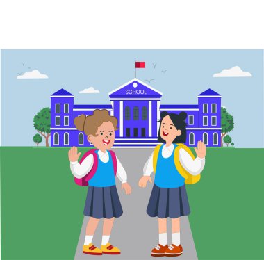 Bir grup mutlu ve güzel bebek öğrenci yaz tatilini geçirdikten sonra okulda ve buluşmada beraberler. Vektör illüstrasyonu.