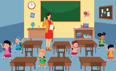 Happy cute kids are going home from school & teacher says goodbye, vector cartoon illustration. clipart