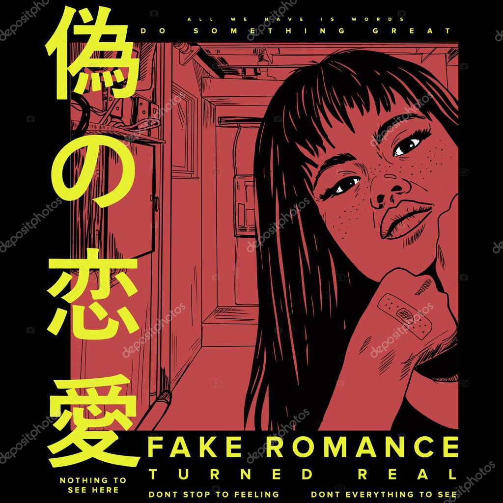 Japanese slogan with manga face Translation: 