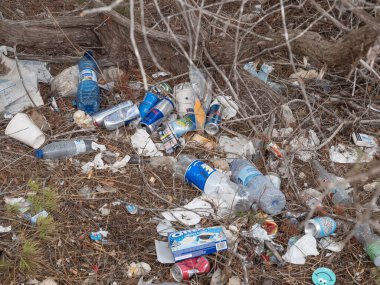 Cala Llonga, İspanya; 18 Şubat 2024: Plastik şişeler, teneke kutular ve çevreyi umursamadan doğaya atılan diğer kaplar