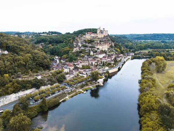 stock image Beynac-et-Cazenac by Dordogne river in France aerial view