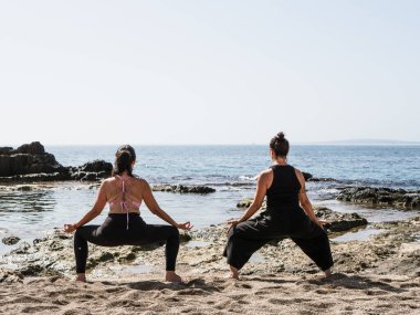 İki kadın, sakin bir okyanus manzarası olan kumlu bir sahilde yoga yapıyor. Özenli bir farkındalık, rahatlama ve doğal çevrede sağlıklı bir yaşam tarzı. Sağlığı ve huzuru arttırıyor..