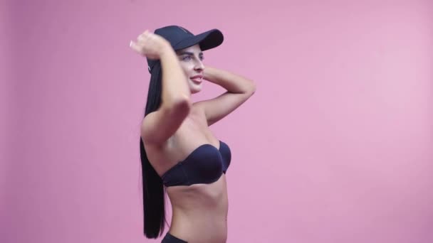 Beautiful Sexy Asian Woman Black Swimsuit Cap Smiling Standing Pink — Vídeo de stock