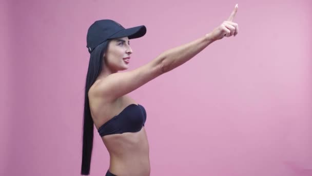 Beautiful Sexy Asian Woman Black Swimsuit Cap Smiling Standing Pink — Vídeos de Stock