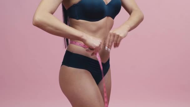 Beautiful Sexy Asian Woman Black Swimsuit Meter Hands Standing Pink — Vídeos de Stock