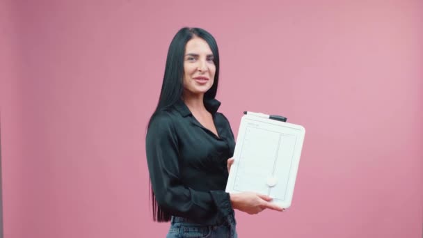 Business Woman Black Blouse White Tablet Her Hands Posing Isolated — 비디오