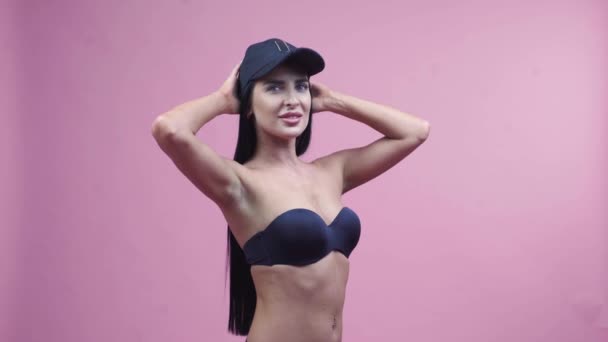 Beautiful Sexy Asian Woman Black Swimsuit Cap Smiling Standing Pink — Vídeos de Stock