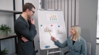 İş kadını ekip lideri proje stratejisini sunuyor. Ofisteki beyaz tahtayla ilgili fikirleri gösteriyor. Çeşitli meslektaşlar eğitim seminerinden keyif alıyor.