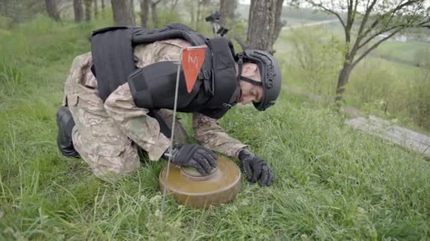 森の近くの畑で対戦車地雷を除去する軍の略奪者 金属探知機装置による金属の検知ウクライナ爆発物処理責任者 — ストック動画