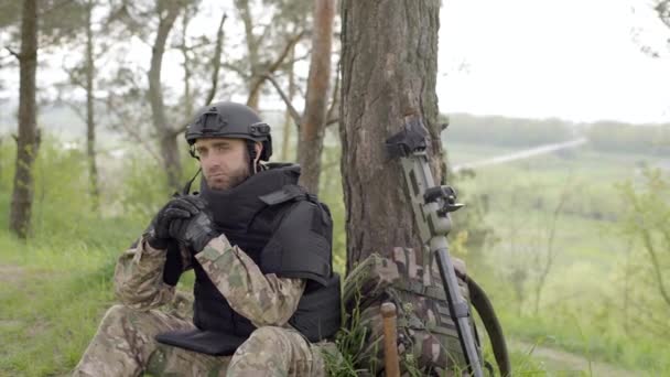 Mine Clearance Soldier Mine Detector Backpack Sits Exhausted Tree Heavy — Stock Video