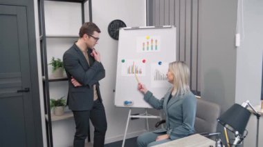 İş kadını ekip lideri proje stratejisini sunuyor. Ofisteki beyaz tahtayla ilgili fikirleri gösteriyor. Çeşitli meslektaşlar eğitim seminerinden keyif alıyor.