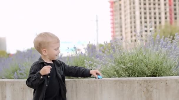 Anak Yang Bahagia Bermain Dengan Mobil Mainan Taman Tertawa Anak — Stok Video