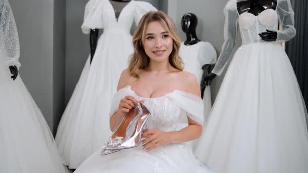 Young Attractive Woman Wedding Shoes Bridal Shop Marriage Ceremony Concept — стоковое видео
