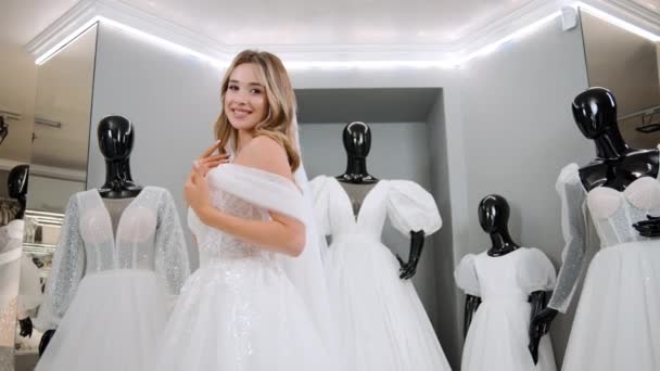 Happy Young New Bride Bridal Store Smiling Woman Fall Love — 图库视频影像
