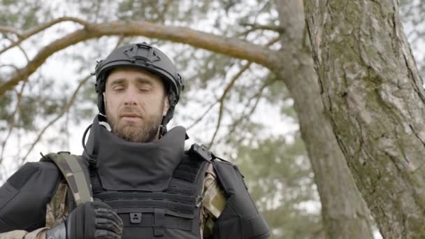 Demining Soldier Backpack Walks Trees Neutralizing Mines — Stock Video