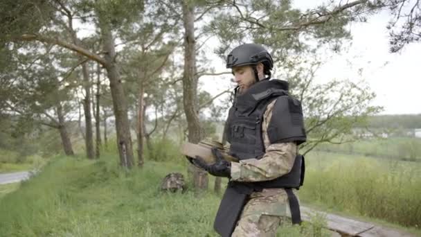 Demining Male Sapper Carefully Carries Tank Mine His Hands Forest — Stock Video