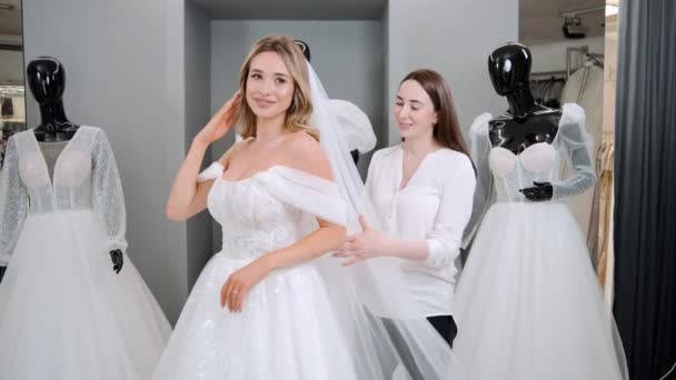 Wedding Dress Shop Owners Helping Choose Bridal Gown Try Wedding — Video