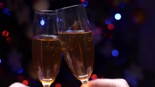 ハッピー カップル クランク シャンパン グラス トースト 輝くクリスマス ツリー 明るい バックグラウンドに立って自宅で新年を祝い — ストック動画