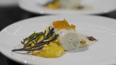 Close up view an exclusive dish from the chef. Italian cuisine, restaurant main course dish