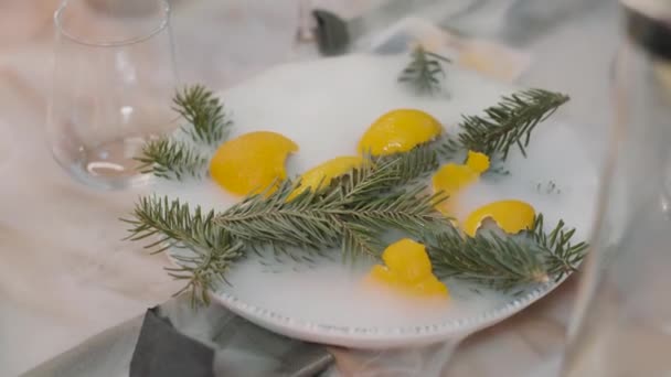 Plates Food Restaurant Steam Smoke Delicious Food Tangerine Tree — Wideo stockowe