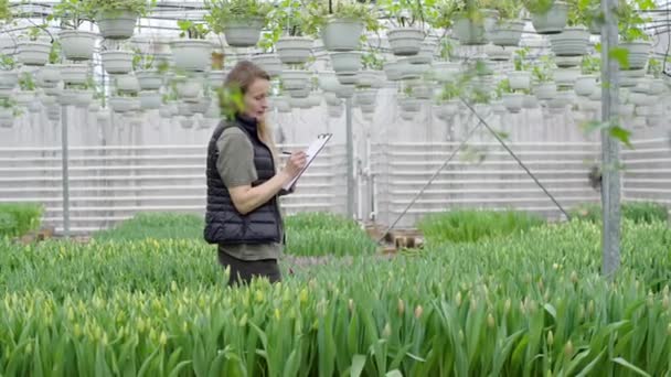 Kobieta Stojąca Polu Zielonych Roślin Pisząca Notatniku — Wideo stockowe