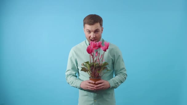 Uomo Possesso Pianta Vaso Contro Sfondo Blu — Video Stock