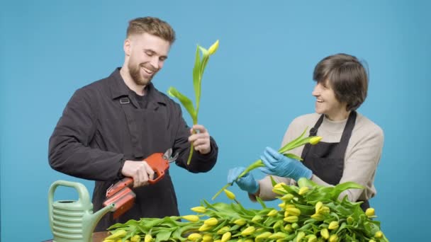 Pria Dan Wanita Bekerja Sama Dengan Bunga Kuning Latar Belakang — Stok Video